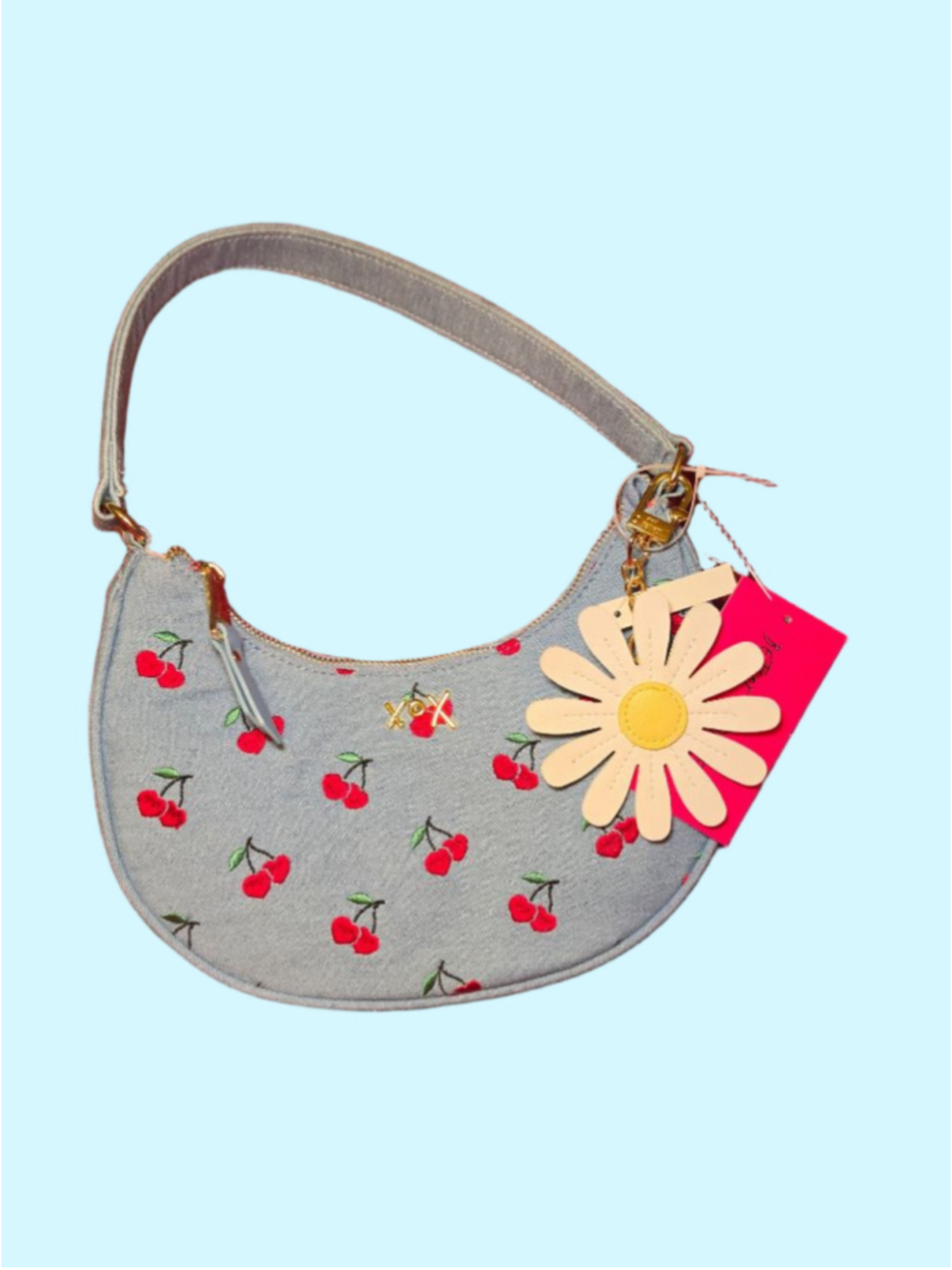 Betsey Johnson Light Blue Cherry Denim Shoulder Bag w/ Daisy Charm - Picture 2 of 6